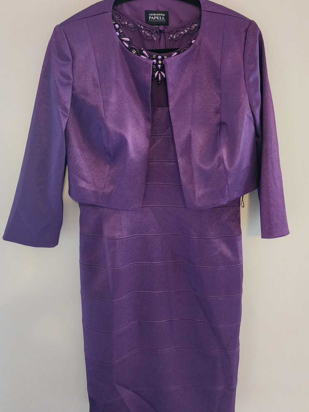 Adrianna Papell Purple Beaded Midi Dress with Cropped Jacket